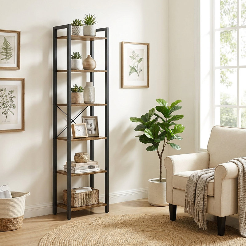 Keemon Etagere Bookcase, (6 Tier) 73.6" H x 15.7" W, Brown/Black