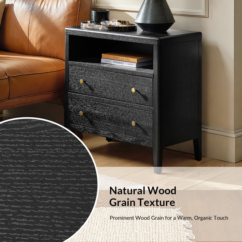 Shelli Modern 2-Drawer 28"W Solid Wood End Table with Built-in Power Outlet and USB Port (Set of 2), Charcoal