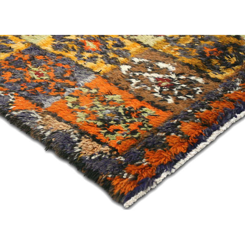 Tapis unique en laine noué à la main de style années 1960 de 4 pi x 7 pi 9 po gris / brun / jaune / orange
