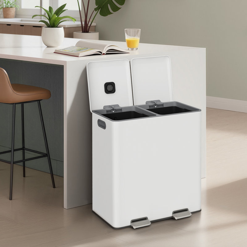 Double poubelle, poubelle en acier inoxydable de 60 L, avec couvercles à fermeture douce, seaux intérieurs doubles, pédales, argent