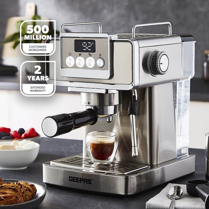 GEEPAS Espresso Coffee Machine with Milk Frother, 20 Bar Pressure | 1.8L Detachable Water Tank, Stainless Steel Housing | 1465W