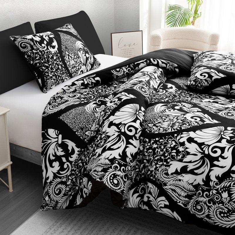 Microfiber Floral Duvet Cover Set, Black & White, Single (135cm x 200cm)