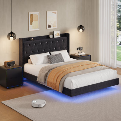 Queen Size Bed Frame with LED Lights, Modern Floating Bed Frame with Storage, Velvet Upholstered Headboard with Wingback for Apartment, White by Mercer41