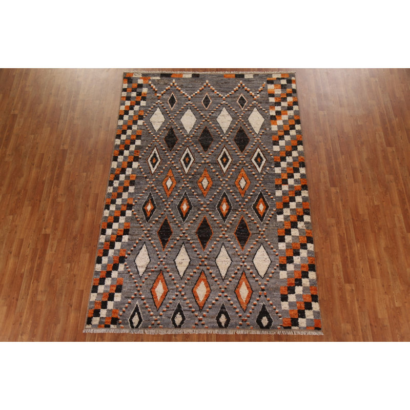 Tapis unique gris anthracite / orange en laine nouée à la main 6 pi 10 po x 9 pi 10 po New Age
