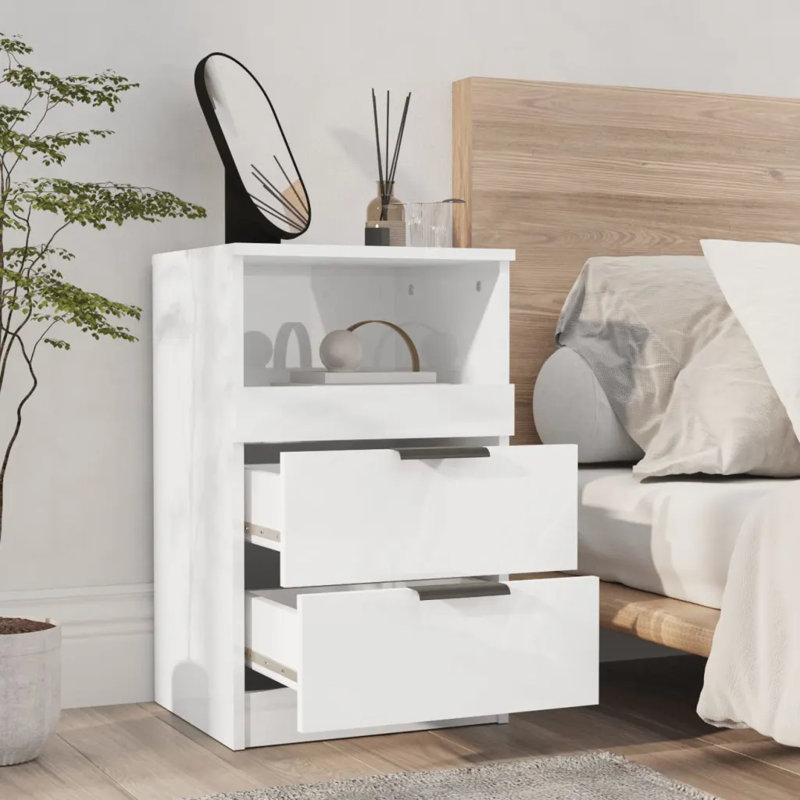 40cm W Manufactured Wood Bedside Table, High Gloss White, Set of 2