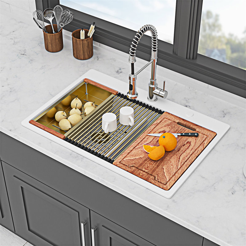 Granite Composite Workstation Topmount Drop-In Kitchen Sink Double Bowl, White