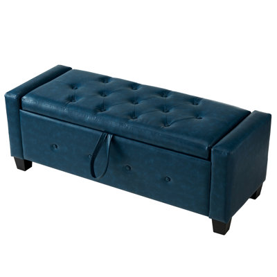 48" Upholstered Bench In Blue, Faux Leather Pu With Storage, For Bedroom, Living Room, Hallway - Easy Assembly, Smooth Surface Blue Pu, Storage Quick Cleaning