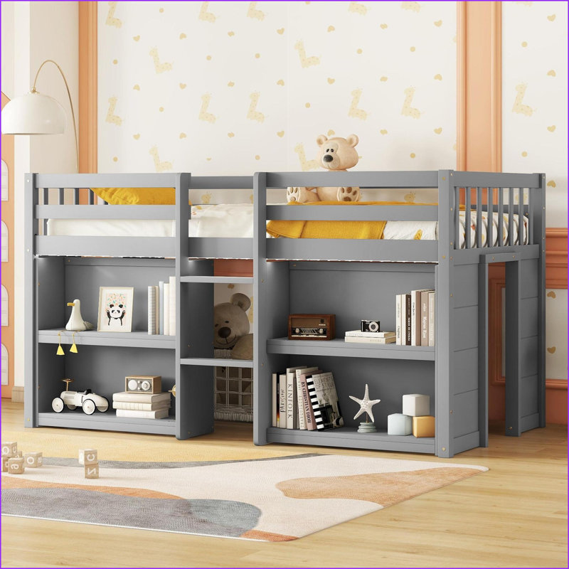 Lit simple mezzanine simple en bois de pin massif avec tablettes à 2 niveaux DEL gris clair sans sommier