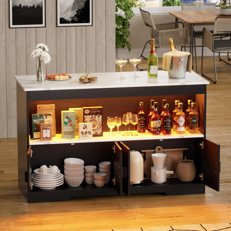 43.3" Modern Kitchen Island With Storage And Seating Space, Island Table With Cabinets And LED Light, Imitation Marble Dining Table (Without Bar Stools)