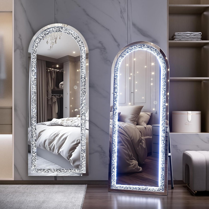 Miroir pleine longueur à DEL incrusté de cristal, miroir mural ou incliné, garantie de 3 ans, 63 po x 22 po