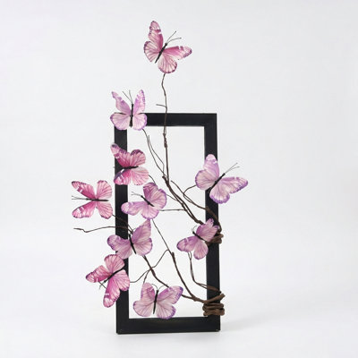 15.7" Handcrafted Pink Butterfly Twig Branch Black Rectangular Frame Wall Hanging Art, Boho Artificial Butterfly Branch Wall Decor for Bedroom Living Room Entryway Home Decor