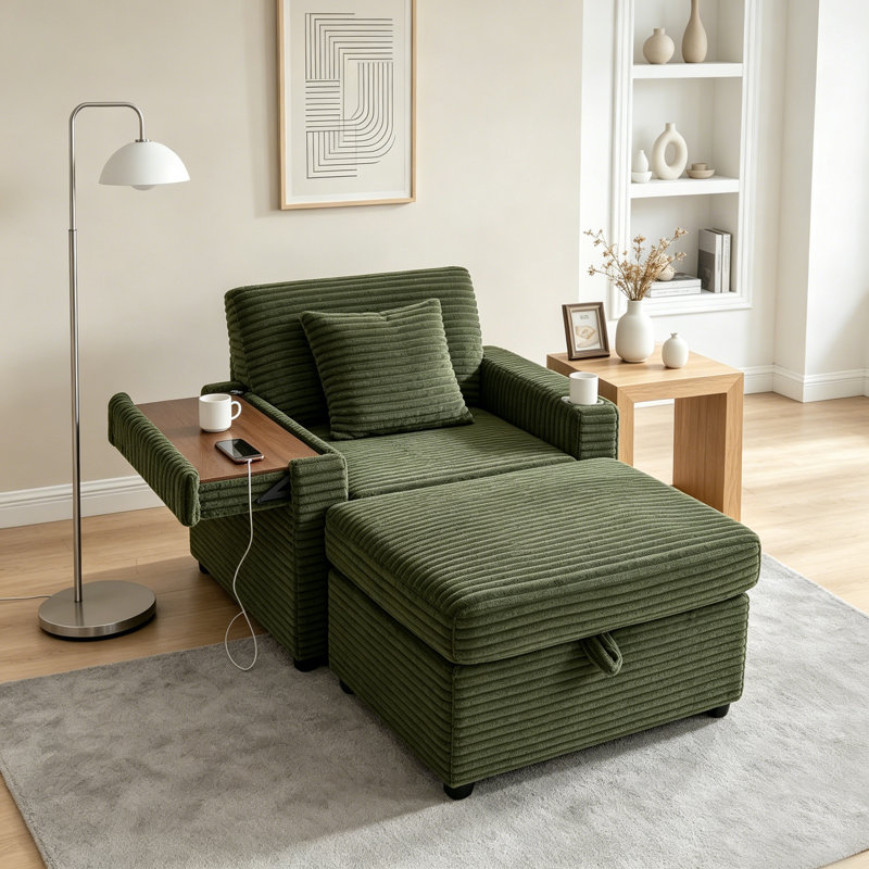 Chaise longue simple en velours côtelé avec repose-pieds avec rangement et panneau de chargement USB, vert, Vert