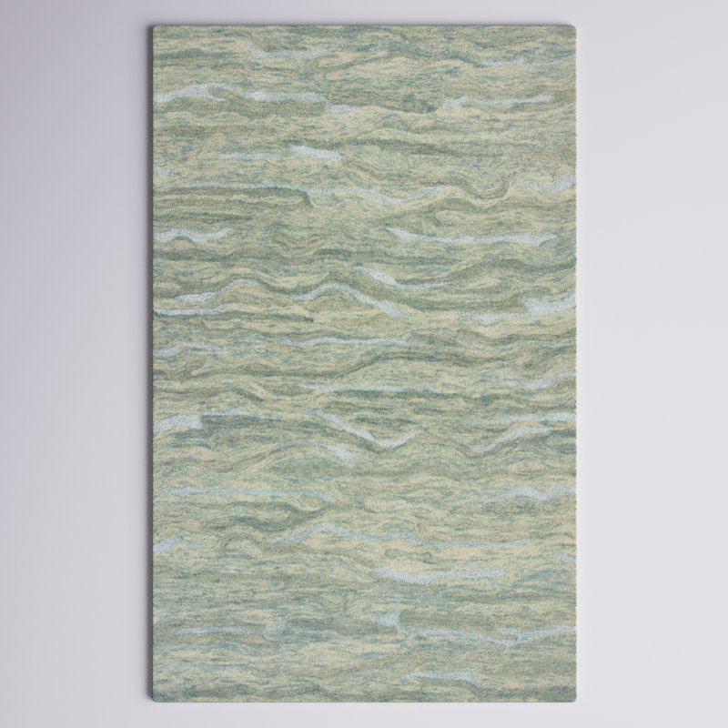 Devizes Haven Seafoam Wave Striped Handmade Wool Tufted Area Rug, Rectangle  3'3" x5'3"