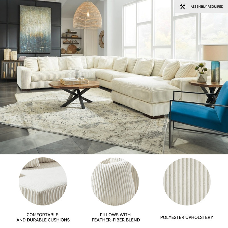 Canapé modulaire avec méridienne 6 pièces Lindyn, Polyester blanc