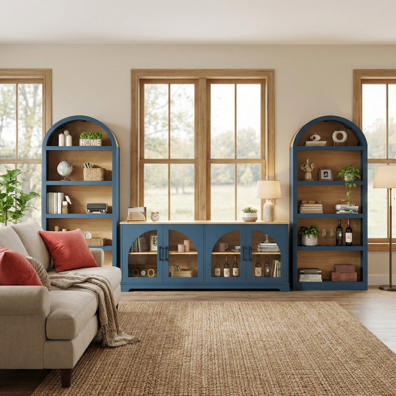 Ensemble d'armoire 3 pièces - ensemble de garde-manger à deux tons avec plateau arqué en tissu et buffet de style campagnard avec portes en verre trempé