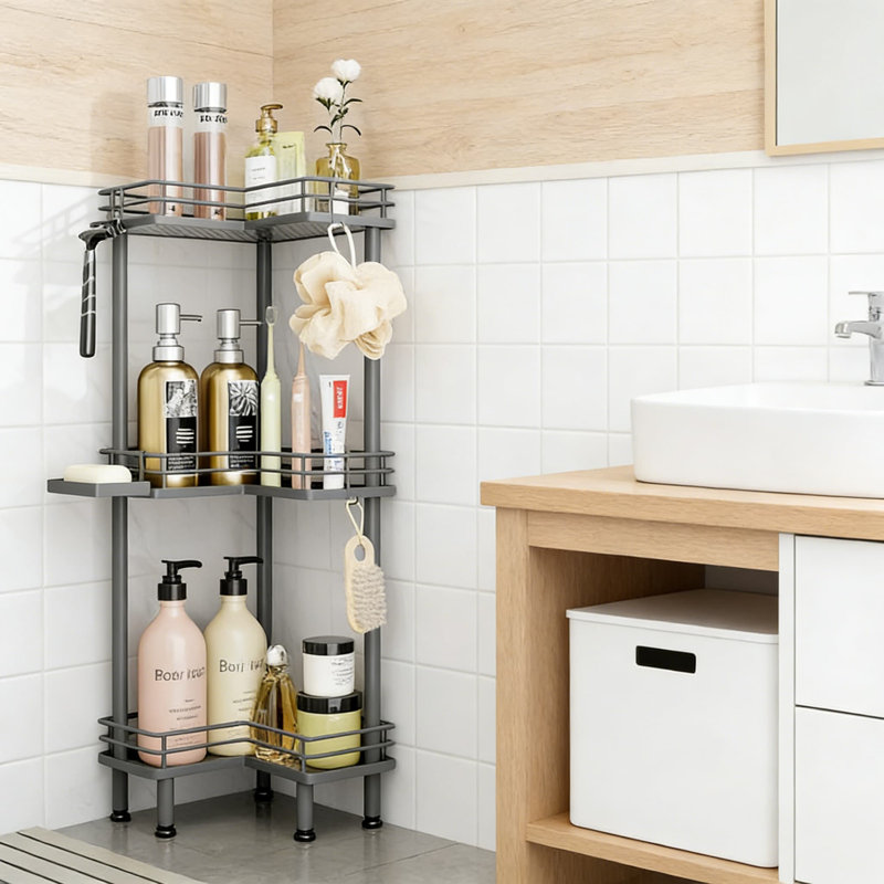 Organisateur de douche sur pieds à 3 niveaux avec porte-savon et crochets, tablette de salle de bain en acier inoxydable de grande capacité avec trous de drainage et pieds réglables