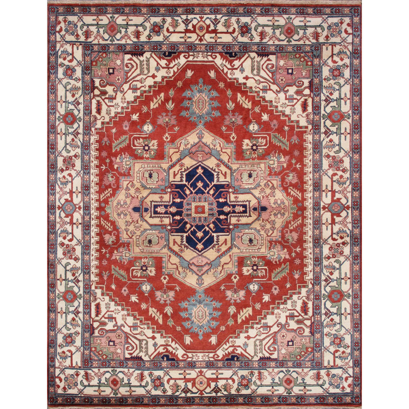 Hand-Knotted Ivory and Rust Wool Square Oriental Rug