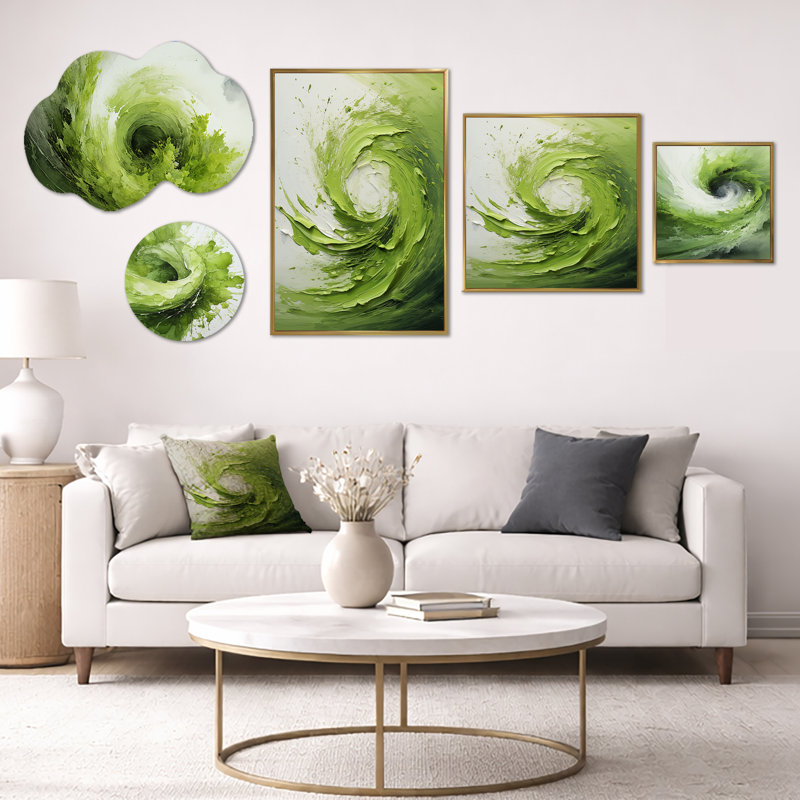 «Green & White Whispering Spiral II», art mural abstrait surdimensionné, toile et métal, ensemble de 5 (100 po x 40 po)