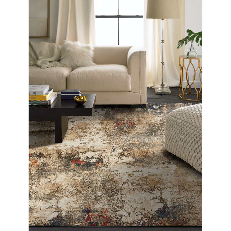 Desert Abstract Area Rug in Ivory, Square 6'