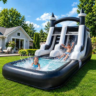 21 Ft Commercial Grade PVC Single Water Slide with Splash Pool & Air Blower for Kids, Black/White