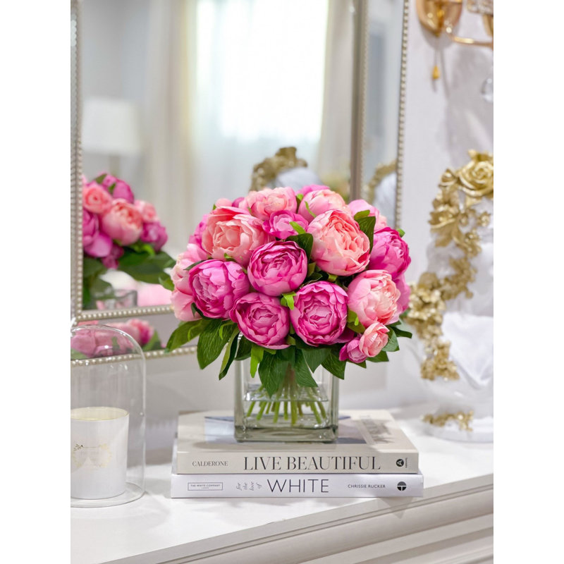 Fuchsia Pink Modern Fuchsia Peonies In Glass Vase – Luxury Faux Flowers For Home Decor, Light Pink