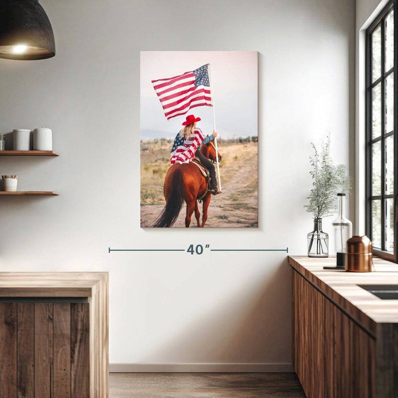 Mehar, patriotique, cow-boy à cheval, H 39 po x l 26 po