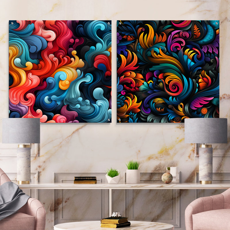 Conlley - Ensemble de 2 art mural abstrait en acrylique sur verre, H 16 po x l 33 po