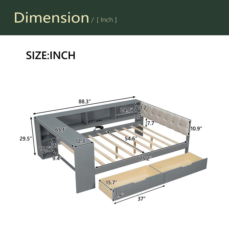 Lit plateforme en bois avec tablettes de rangement, tiroirs, station de charge et tête de lit tapissier, Lit double