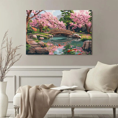 Framed Wall Art For Living Room Modern Canvas Art Wall Decor Print Painting Prints Pictures Cherry Blossom Courtyard, Arched Bridge and Flowing Water, Wall Art Picture For Bedroom Hotel Home Wall Decor