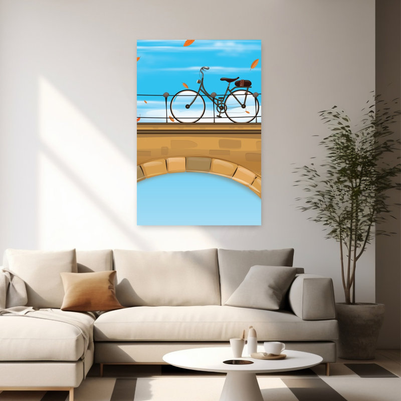Automne, pont, vélo, tranquillité classique, ville d'automne rétro, impression d'art mural, 60" H x 40" W