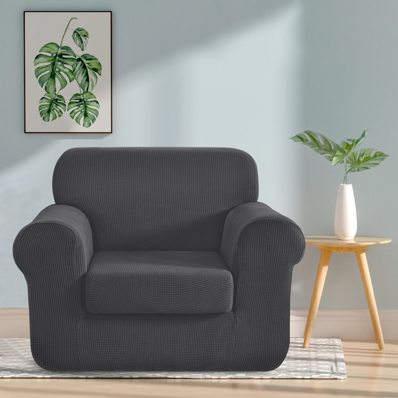 Textured Grid Stretch Soft Box Cushion Armchair Slipcover, Grey