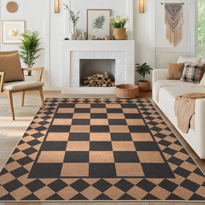 Tapis en jute à carreaux de 8 x 10 grands tapis modernes pour la chambre à coucher Tapis antidérapant à carreaux extérieurs pour l'intérieur et l'extérieur
