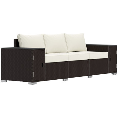 3 Seater Wicker Sofa with Storage and Thickened Cushions, Rattan Outdoor Patio Sofa with Wide Armrests and Seat, Wicker Outdoor Couch for Porch, Garde