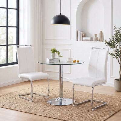 Ensemble de salle à manger 3 pièces en verre trempé rond moderne avec chaises en porte-à-faux en similicuir 