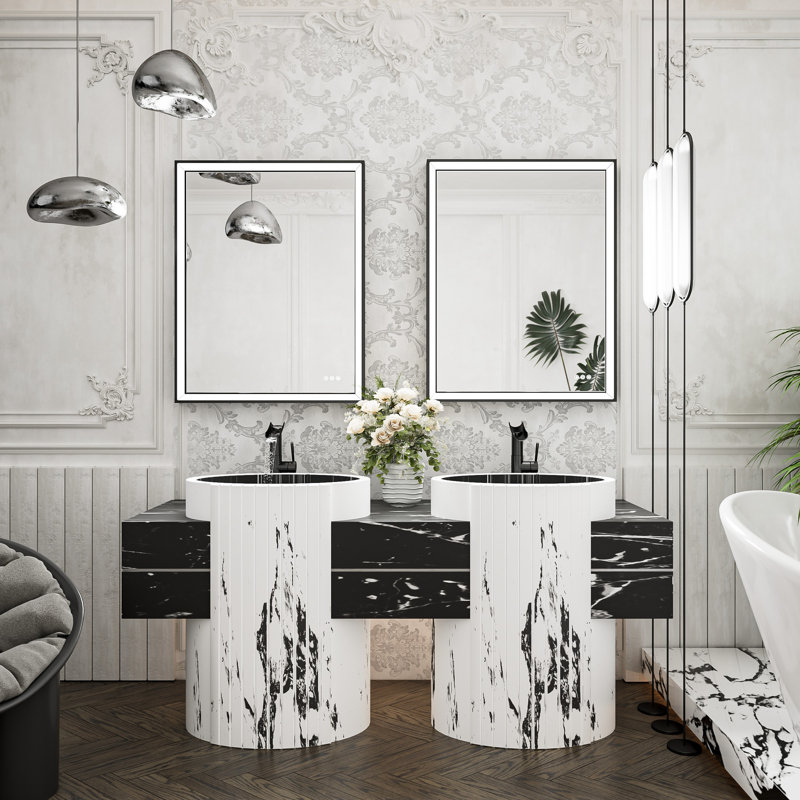 Miroir de salle de bain avant à DEL antibuée avec cadre en métal biseauté, 36 po x 28 po, Noir mat, Rectangulaire
