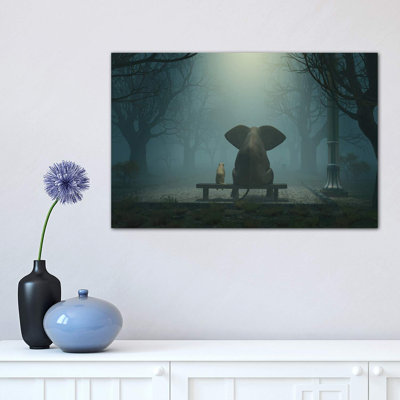 Elephant and Dog Sitting in a Gloomy Park 1 Piece Wrapped Canvas Wall Art