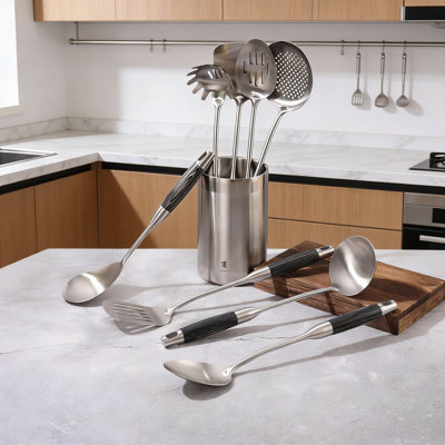 18/10 Stainless Steel Kitchen Utensil Set - 8 Pcs Cooking Tools With Ergonomic Wooden Handles