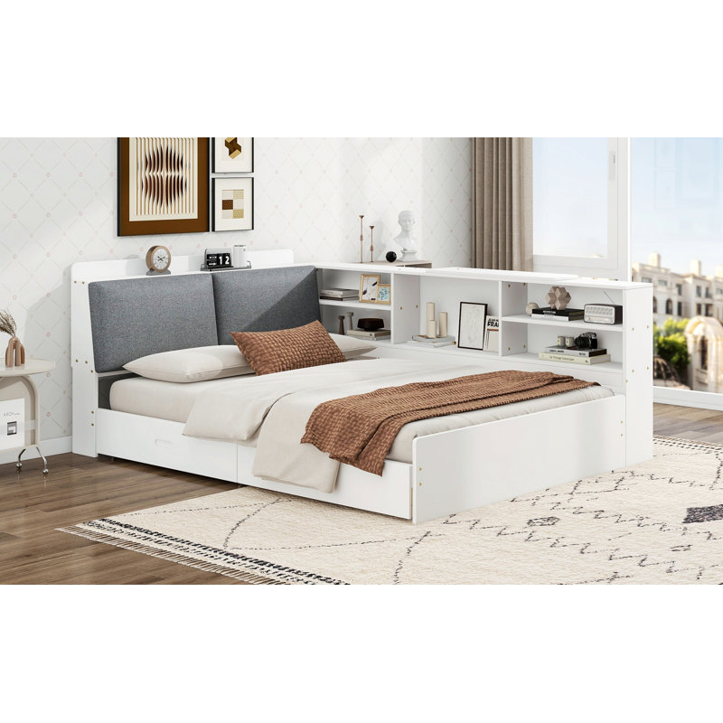 Cadre de lit moderne pour chambre à coucher, chambre d'amis, lit plateforme avec tête de lit, tablettes et 2 tiroirs, Blanc