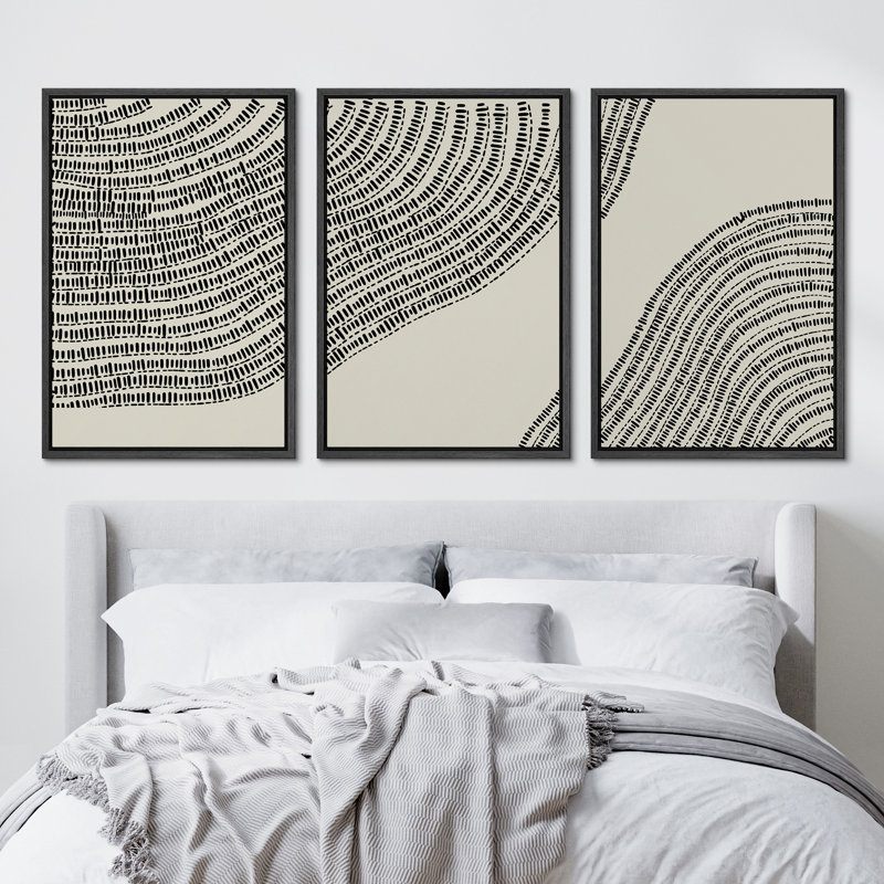 Line Art, géométrique, arbre en bois, anneau, impression sur toile, 3 pièces, H 24 po x l 48 po, Cadre flottant noir