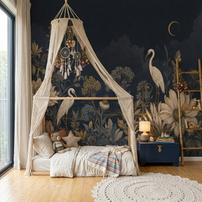 Botanical Floral Wallpaper Navy Night Sky Removable Crescent Moon Wall Decor