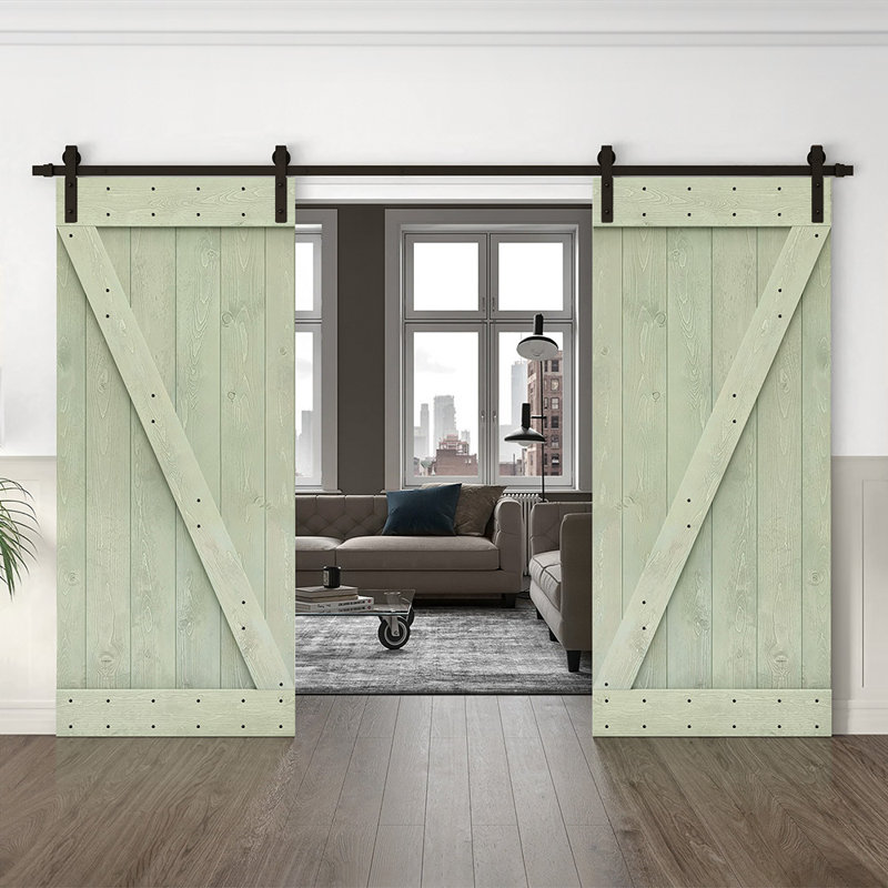 Porte de grange en bois massif lambrissé et métal, 92 po x 84 po, Vert sauge