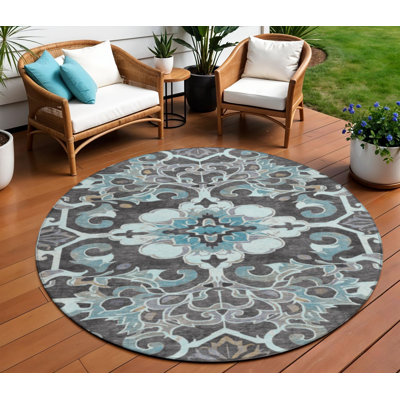 Tapis intérieur lavable rond 8 pi bleu sarcelle et gris anthracite
