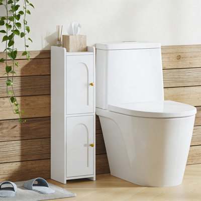Corner Floor Cabinet With 2 Doors, Adjustable Shelf, Narrow Toilet Paper Organizer For Small Spaces, White