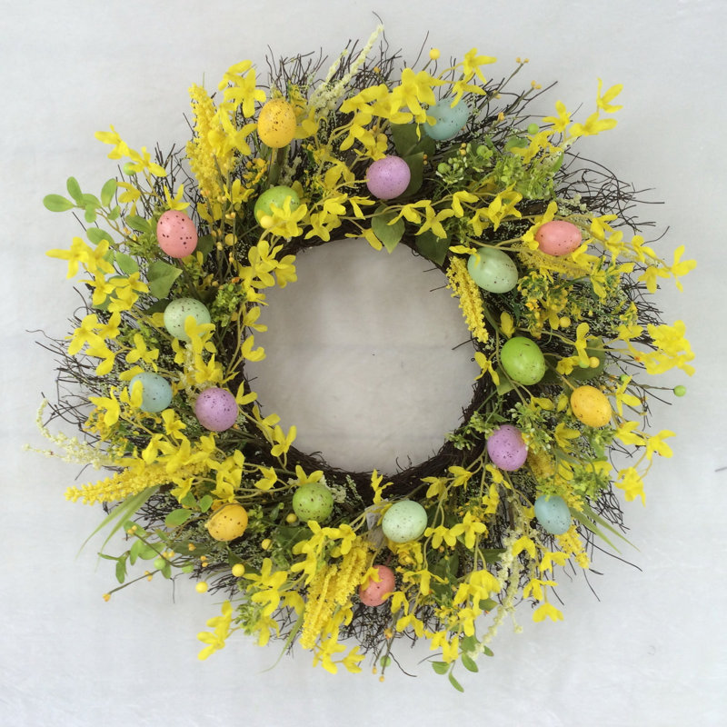 Couronne en polyuréthane Forsythia avec œufs multicolores 24 po