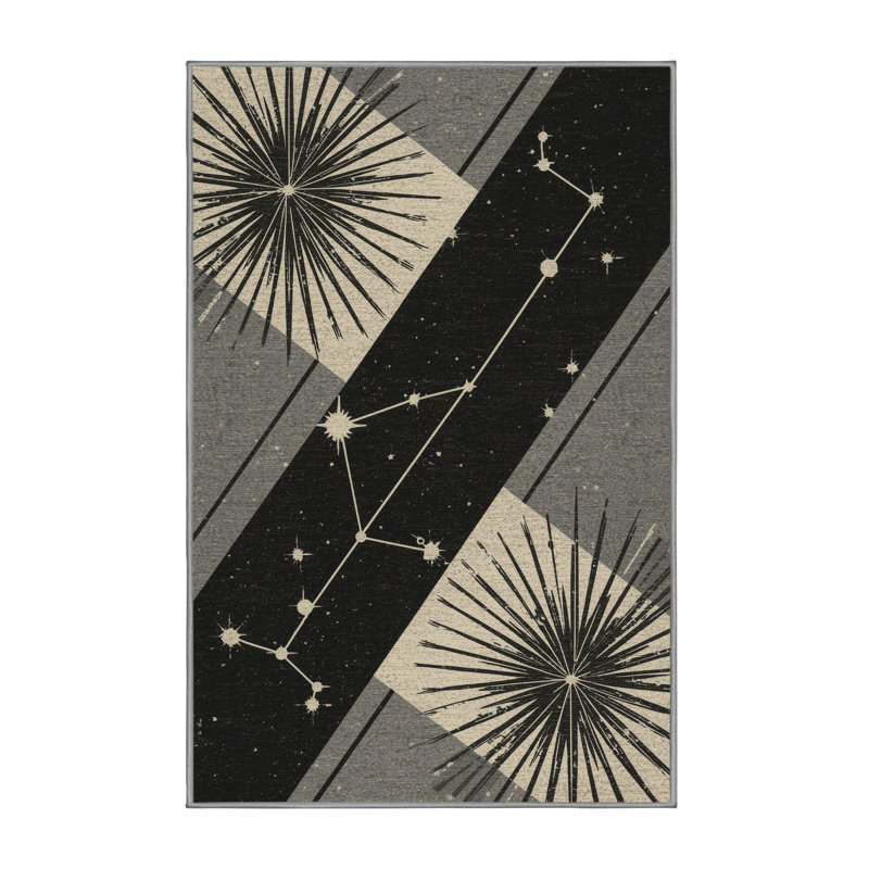 Machine Washable Palvinder Modern & Contemporary Starburst Rug in Brown – Gray Binding, 7 x 10