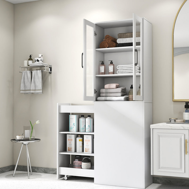 Présentoir, armoire de rangement coulissante à 4 niveaux et 2 portes en verre, armoire de cuisine moderne en bois, Blanc