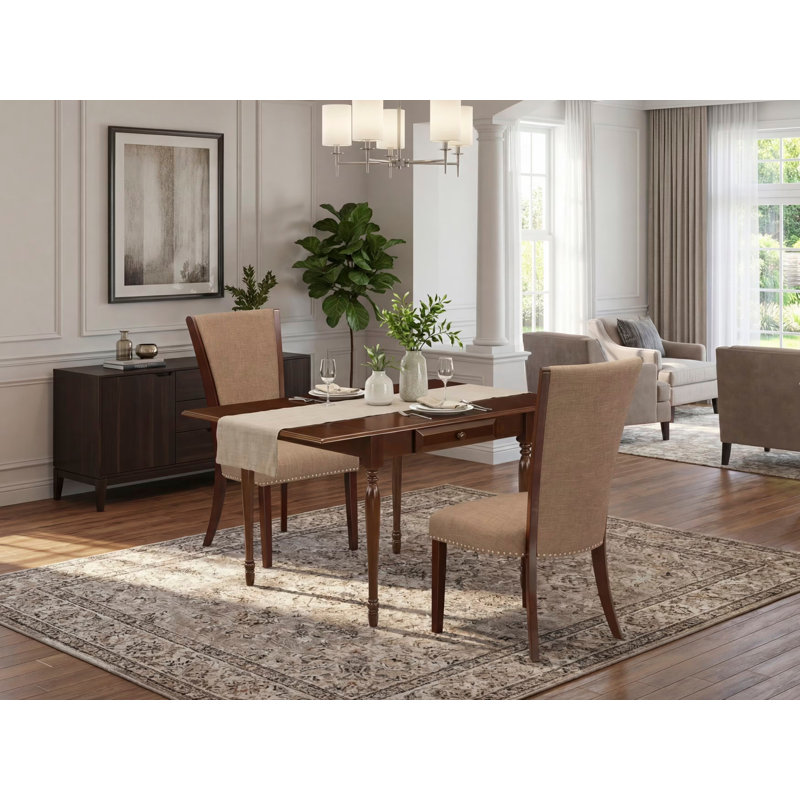 3 Piece Kitchen Table Set Contains a Rectangle Dining Table with Dropleaf and 2 Light Sable Linen Fabric Upholstered Chairs, Mahogany