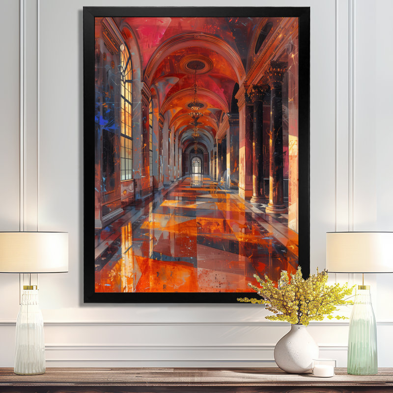 Opéra de couloir rouge doré doré glamour, Toile encadrée noire simple, H 34 po x l 44 po x P 1,5 po