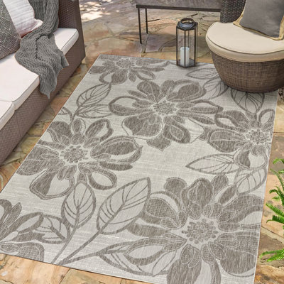 Tropea Arda All-Weather Flatweave Indoor/Outdoor Area Rug, Silver Grey Bold Floral – Patio, Deck, Porch & Poolside