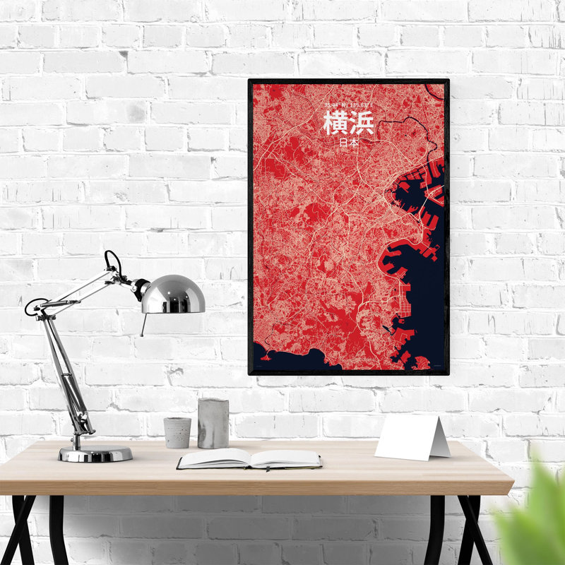 Yokohama (japonais), impression de carte de la ville, H 36 po x l 24 po, Rouge / Bleu marine